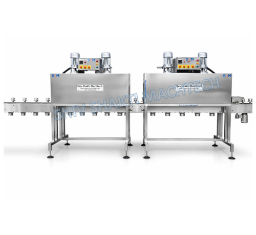 Two Stage Bottle Shrink Sleeve Machine With Rotating Pucks